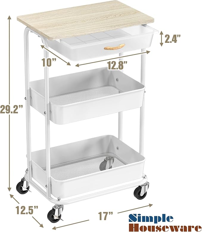 Simple Houseware 3-Tier Rolling Utility Cart with Drawer & Wood Top, Maple | Mobile Sofa Side Table, Nightstand, Slim Storage Organizer Trolley for Bedroom, Bathroom, Office & Art Supplies - Image 7