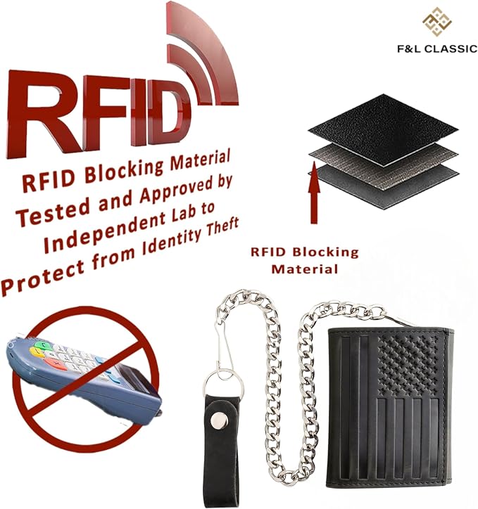 F&L CLASSIC RFID Blocking Men's Tri-fold Vintage Biker Cowhide Leather Steel Chain Wallet,Snap closure, black, flag,315-200 - Image 7