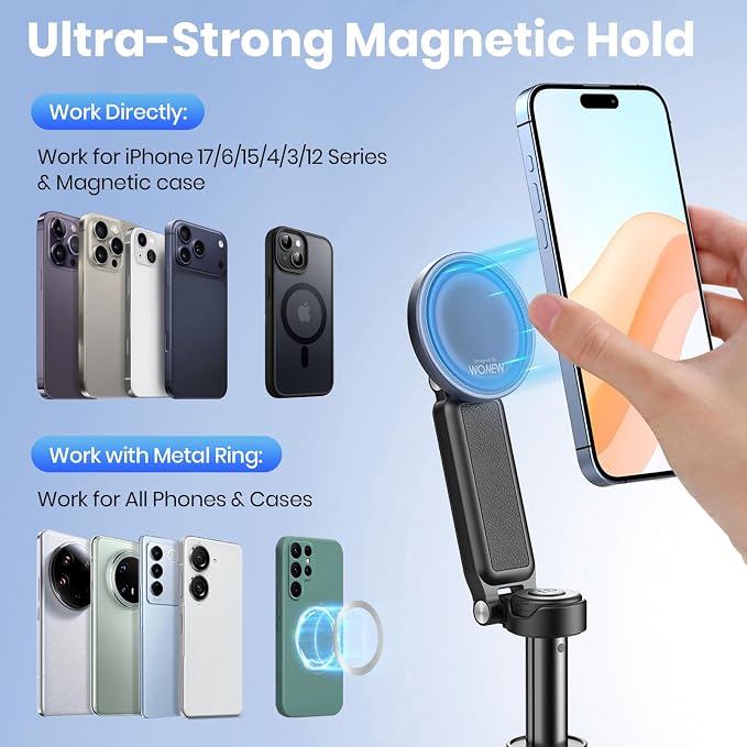 4-in-1 Magnetic Selfie Stick, Pocket Size 360° Rotation Phone Tripod | With Wireless Remote and Metal Ring, Extendable Cell Phone Stand Camera Grip Handle for Video Recording Travel Live Streaming - Image 3