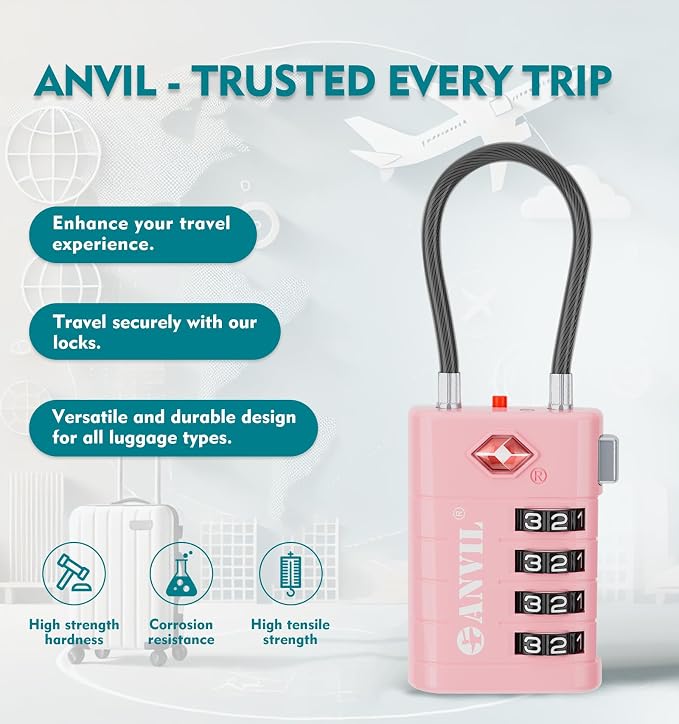 ANVIL TSA Approved Luggage Locks with Search Alert Indicator, 4-Digit Combination Suitcase Lock, Advanced TSA008 Core Heavy Duty Anti-Theft Travel Lock for Double Zippers, Backpacks - Image 4