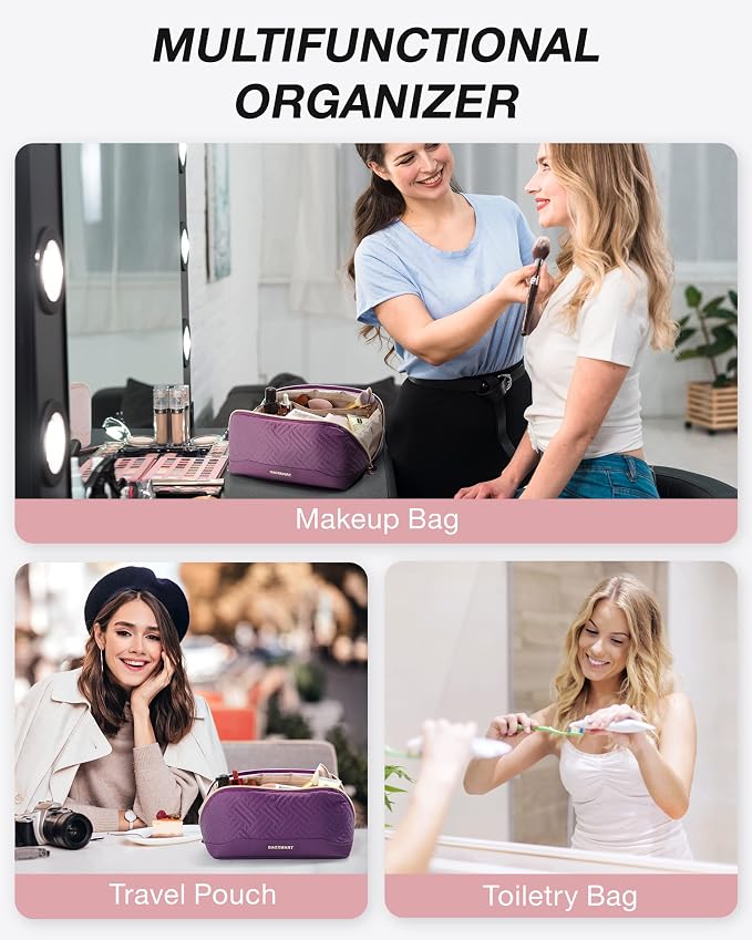BAGSMART Makeup Bag Cosmetic Bag, Travel Makeup Bag,Water-resistent Makeup Bags for Women Portable Pouch Open Flat Make Up Organizer Bag for Toiletries, Brushes, Purple - Image 6
