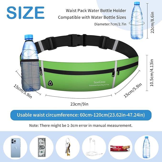 SooGree Slim Running Belt Sport Fanny Pack for Women Men,Outdoor Reflective Waist Pack Runner Pouch Belt, Zipper Waterproof Running Phone Holder Jogging Pouch for Phone Money Belt Waist Bag (Green) - Image 2