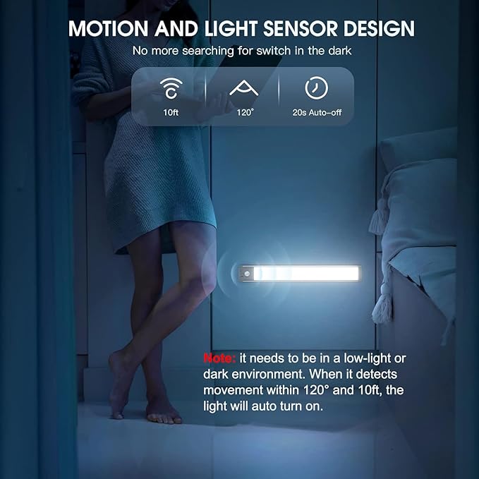 10inch Under Cabinet Lighting with 3 Color Temps, 2 Pack Rechargeable Motion Sensor Light Indoor, 5 Levels Dimmable Magnetic Closet Lights, Wireless Under Counter Lights for Kitchen, Stairs - Image 5