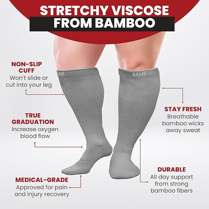 BAMS Plus Size Compression Socks Wide Calf XL XXL XXXL – Graduated Knee-High Support, Viscose from Bamboo Easy-On/Easy-Off - Image 5