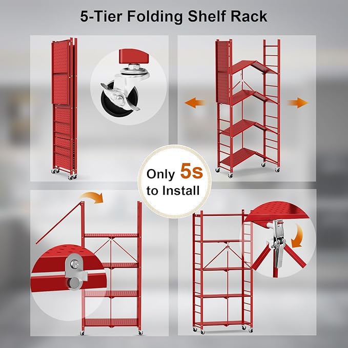 Himix 5-Tier Foldable Storage Shelf 20 Hooks Wheels Garage Red No Assembly | Folding shelving units, Metal collapsible organization, Wire shelves rack, Bookshelf, Christmas Room, Holds 440 Ibs shelf - Image 6