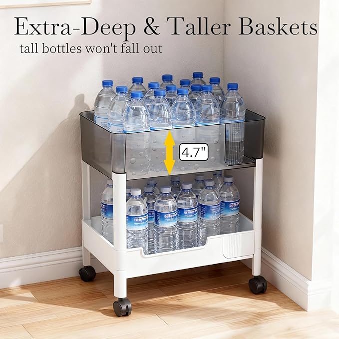 2 Tier Rolling Cart with Wheels for Under Desk Storage, Heavy Duty Plastic Short Small Utility Cart for Small Space Bathroom Vanity Makeup Organizer Pantry, 4.7'' Deep Baskets for Tall Bottles - Image 4