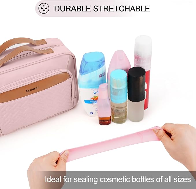 Travel Hanging Toiletry Bag for Women and Men, with 8 Leak Proofing Silicone Bottle Covers, Waterproof Makeup Accessories, Cosmetic Essentials, Cruise Ship Toiletries Bag with Jewelry Organizer, Pink - Image 2