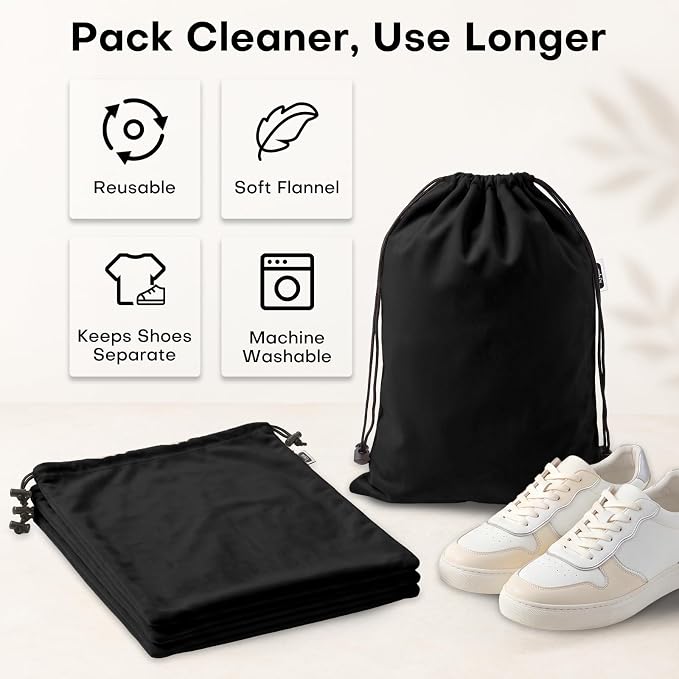 Travel Shoe Bags, 4 Pack Large Flannel Drawstring Bags (Black) | Soft Flannel fabric, 17.7 x 13.8 in, Fits up to Men's 13, Machine Washable - Image 7