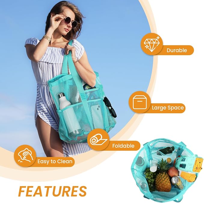 Tavaleu Mesh Beach Bag, Large Capacity Beach Tote, Multi Pockets, Sandproof | Mesh Material, Multiple Storage Pockets, Lightweight & Foldable Design, For Beach & Pool Use, Easy to Clean & Quick Dry - Image 5