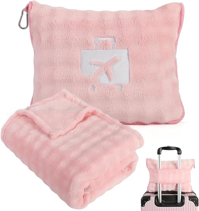 Pink Travel Blanket for Airplane, Portable Soft Flannel with Pouch & Clip | Skin-Friendly Flannel, Lightweight Portable Design with Clip, Hands-Free Carry, Essential Travel Gear for Frequent Flyers by maimaizone