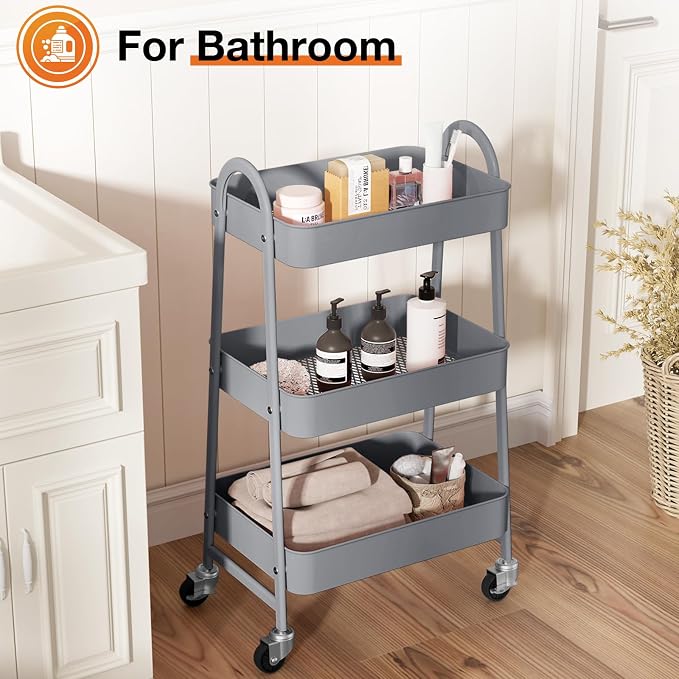 NEWBULIG 3-Tier Metal Rolling Storage Utility Cart with Lockable Wheels | Mobile Organizer Shelf, Space-Saving, Freestanding, Bathroom, Living Room, Slim, Narrow Corner Spaces, Grey - Image 5