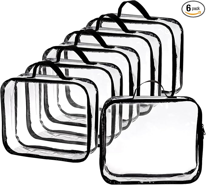 Fasmov 6 Pack Large Clear Travel Packing Cube, See-Through PVC Organizer, Vinyl Zippered Storage Bags Multipurpose Pouch with Handle for Suitcase Pants, Cashmere, Sweaters Shirts Dress Storage by Fasmov
