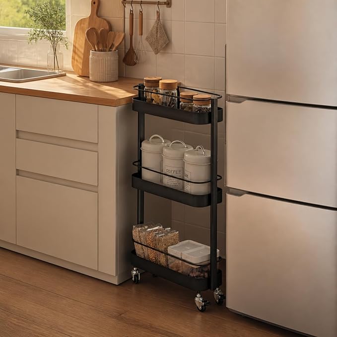 Narrow 3 Tier Rolling Cart, Slim Storage Cart for Bathroom Kitchen | 3 spacious tiers, durable carbon steel frame and smooth swivel wheels provide flexible storage and easy mobility. by Unknown