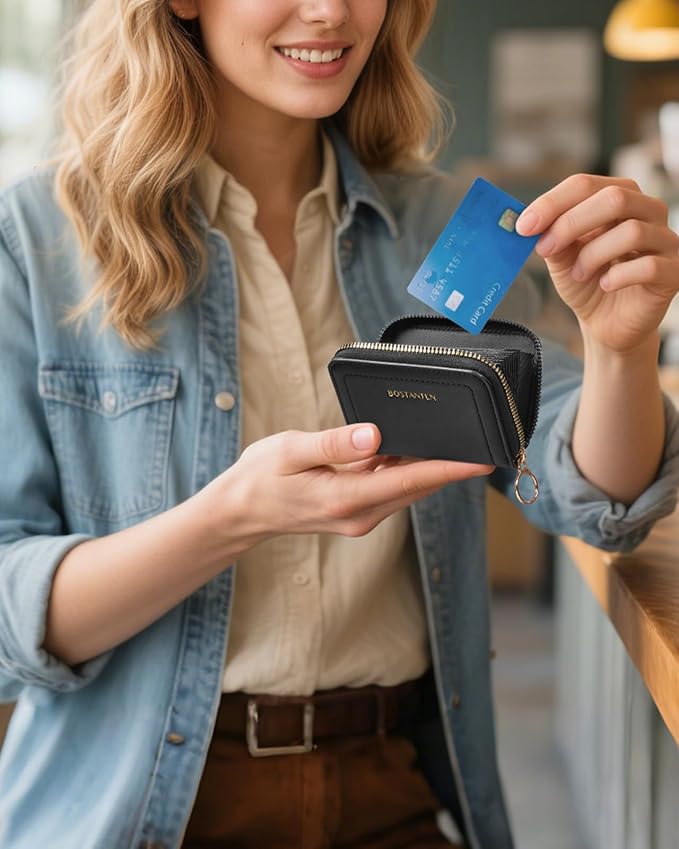 BOSTANTEN Credit Card Holder RFID Small Wallets Woman Zipper Card Wallet | Slim, Compact, Front Pocket, Accordion, Vegan Leather, Thin for Daily Use, Travel, Gifts for Women, Black - Image 6