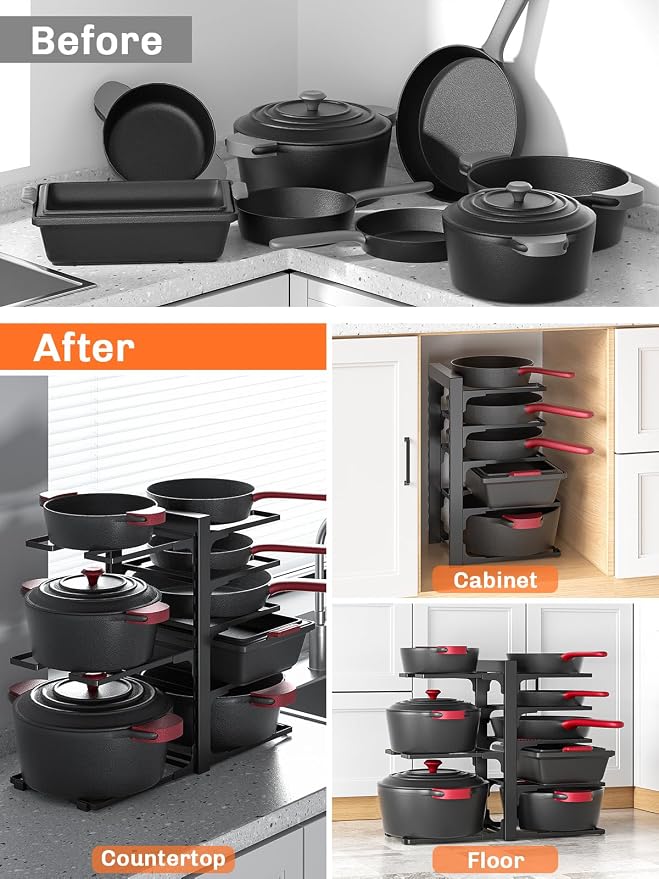 MUDEELA 8-Tier Heavy Duty Pots and Pans Organizer under Cabinet, Black | Adjustable 15.83" H pot rack, pan organizer Holds big stockpots, Cast Iron Skillet and cookware for use inside cabinets - Image 7
