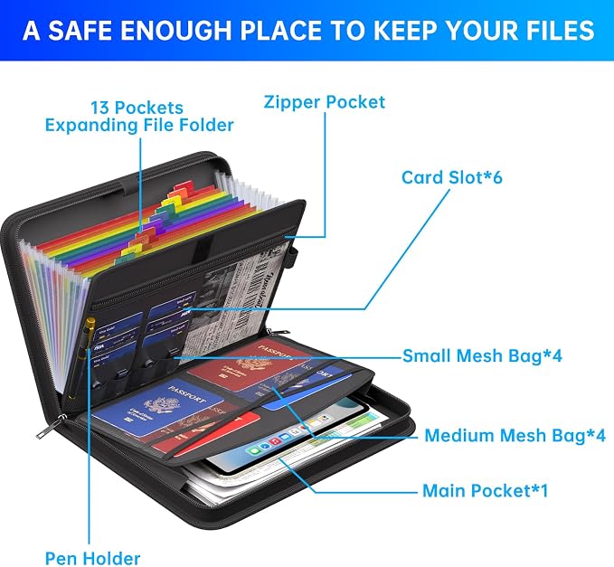 ENGPOW Accordion File Organizer,Fireproof Expanding File Folder with Multi Pockets,13 Colorful Pockets Document Organizer with Handle & Labels,Portable Home Travel Safe Storage for Letter A4 Files - Image 4