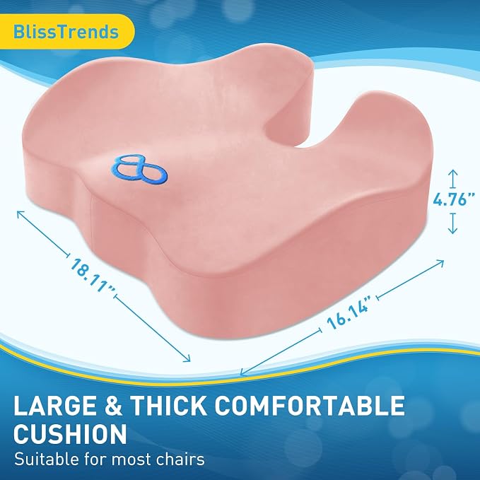 BlissTrends Memory Foam Seat Cushion for Office Chair & Car Seat, Pink | 4.7in Ergonomic Tailbone & Sciatica Support with Removable Velvet Cover for Pressure Relief and Long Sitting Comfort - Image 3
