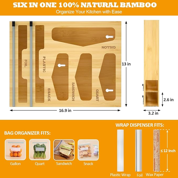 DALSHABET Bamboo Bag Organizer with Magnetic Closure, 6 In 1 Kitchen Drawer Foil and Plastic Wrap Dispenser with Cutter, Storage bag for Gallon, Quart, Sandwich, Snack Beige - Image 2