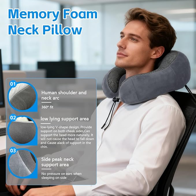 Airplane Pillow, Travel Neck Pillow with Memory Foam - Adjustable Buckle & Machine Washable Cover for Neck Support, Includes Eye Mask & Ear Plugs (Grey) - Image 2