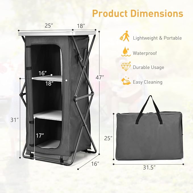 Goplus Folding Camping Storage Cabinet, Pop Up Outdoor Camping Kitchen Station with Large 3-Tier Storage Organizer, Carry Bag, Easy Set Up Portable Compact Camping Table for BBQ Picnic Backyard (47'') - Image 2