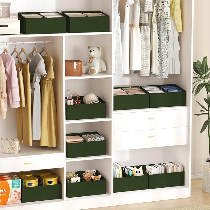 DIMJ Large Closet Shelf Organizer Bins 4 Packs with Handles and Divider, Fabric Trapezoid Storage Baskets, Foldable Clothes Containers Box for Shelf, Towel, Book, Toy, Purse, Hats, Green - Image 5