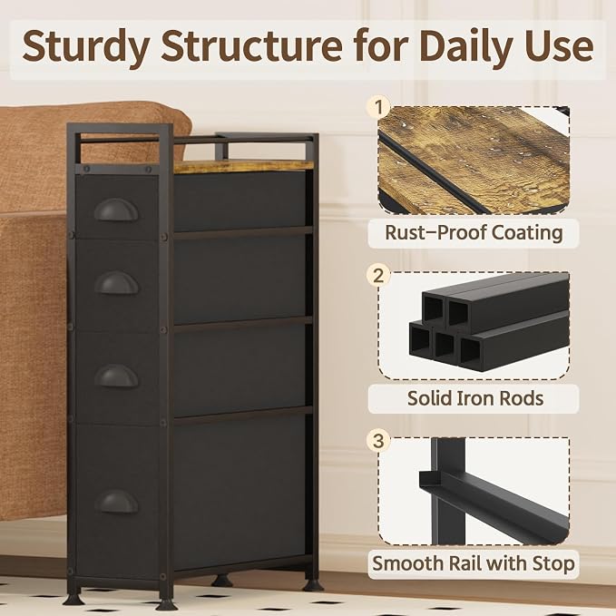 LASZOLA Narrow Cabinet Slim Storage Cart for Bathroom Small Space, Black | 4 Tiers Skinny Rolling Organizer Shelf with Sturdy Fabric Drawers, Lightweight Mobile on Wheels, Between Washer and Dryer - Image 5
