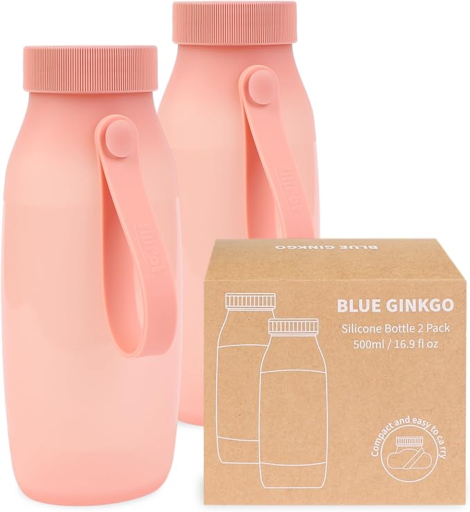 BLUE GINKGO Collapsible Water Bottle [2-Pack] – Lightweight, Foldable Silicone Bottles for Travel, Hiking, and Camping (16.9oz, Made in Korea, Rose Pink) by BLUEGINKGO