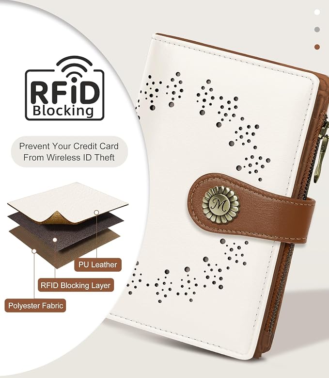 Beige Brown Wallet Women RFID, Passport Holder, Credit Card Holder | 6.7" x 4.4" x 1.3" Bifold, Travel billfold, Zipper Pocket, PU Leather Clutch, Purse, ID Window, Pen Holder, Gift Ladies Girl - Image 4