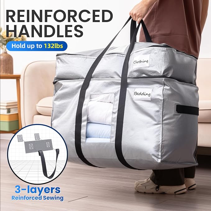 TAILI 2 Tier Moving Bags,2 Pack Silver Storage Bags with Visible Window | XXL Heavy Duty Totes For Home Storage,Wrap Around Handles,Storage Bags for College Dorm, Alternative to Moving Boxes - Image 4