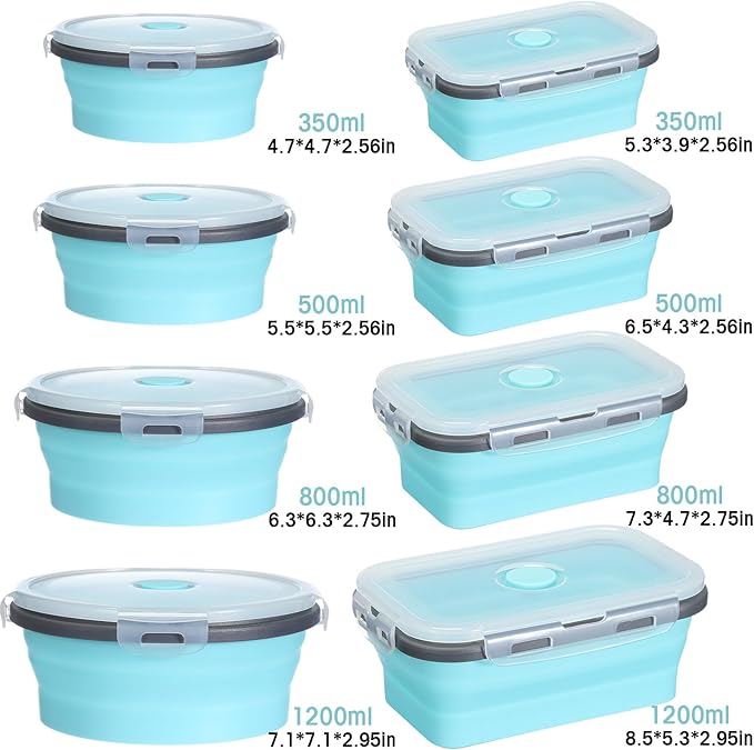 Yaomiao 16 Pack Collapsible Food Storage Container with Lid,Gray, Blue | Silicone Bowls with Air Vent, Foldable Rectangle Round Bowl ,For Rv Camping Meal Prep Organizing, Microwave Freezer Safe - Image 2