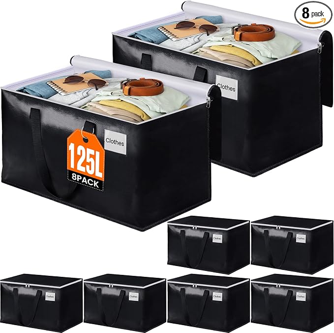 BlissTotes Moving Bags, Heavy Duty Moving Boxes with Zippers Top and Sturdy Handles, Storage Bags for Space Saving and Packing, Collapsible Moving Supplies, Storage Totes (125L, 8-Pack, Black) | Foldable, with Zippers, Tag Pocket & Handles, Reusable, S... by BlissTotes