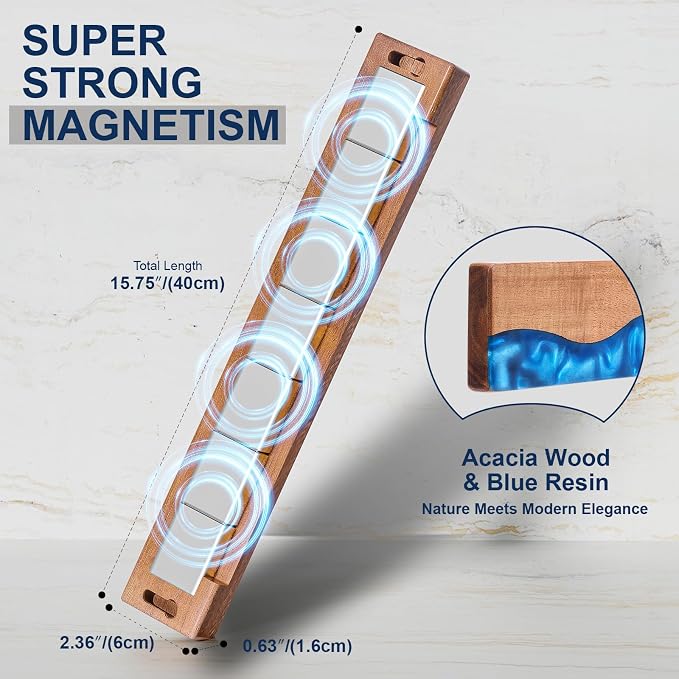 16 Inch Magnetic Knife Holder for Wall, Acacia Wood & Blue Resin Magnetic Knife Strip, Powerful No-Drill Adhesive or Screws Mount, Kitchen Knife Bar Storage Rack ("Ocean" Blue Resin) - Image 4
