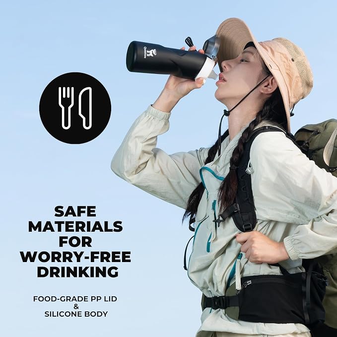 Quanture Collapsible Water Bottle 24oz (700mL), Foldable Silicone Travel Water Bottle, Leakproof & BPA-Free, with Wide Mouth & Carry Strap for Hiking, Camping, Outdoor, Black - Image 3