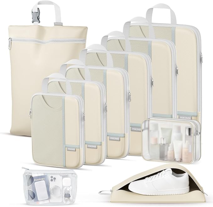 Percover Compression Packing Cubes for Travel, 10-Piece Structured Compression Organizer Set with Toiletry Bag, Laundry Bag & Shoe Bag for Carry-On & Checked Luggage, Beige by Unknown