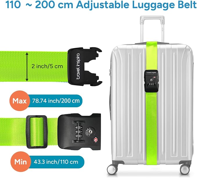 Travel Inspira 2 Pack Luggage Straps for Suitcases with TSA Lock | 2-Pack Set; TSA-Approved Lock with Tag; High Visibility Green; Adjustable 103-200cm; Heavy-Duty Nylon; 20-28 Inch Suitcases - Image 6