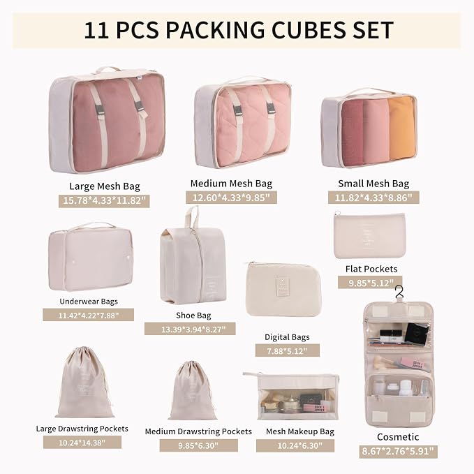 11 Set Packing Cubes for Travel Essentials, Suitcase Organizer Bags for Airplane Road Trip Camp - Beige - Image 2