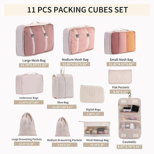 11 Set Packing Cubes for Travel Essentials, Suitcase Organizer Bags for Airplane Road Trip Camp - Beige - Image 2