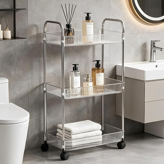Sooyee Clear 3-Tier Plastic Rolling Utility Cart with Wheels | Multi-Functional Storage Cart Trolley, For Office, Bathroom,Living Room, Kitchen, Movable Storage Organizer - Image 3