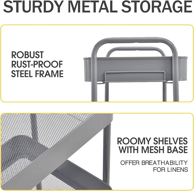 TOOLF 3 Tier Metal Rolling Cart, Utility Storage Cart with Wheels, Grey | Screwless Assembly, Lockable Metal Wheels, Trolley Organizer for Bathroom, Kitchen, Office, Dorm, Laundry, Craft Room - Image 3