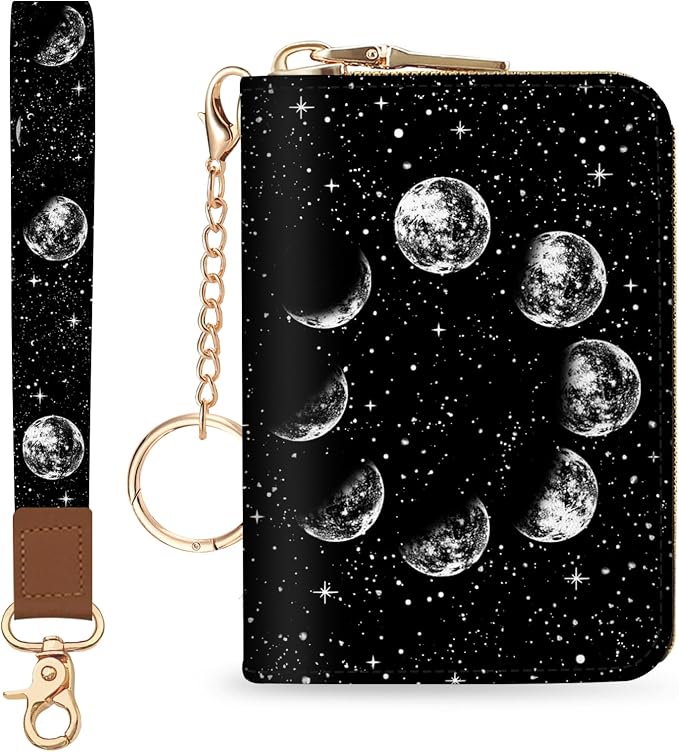 Blusabaca Women Credit Card Holder, Small RFID Wallet with Wristlet Strap | Moon, Removable Keychain, Case Zipper, PU Leather, Cash Coin Pocket, Business Purse with Key Lanyard, Ladies Female Gift by Blusabaca