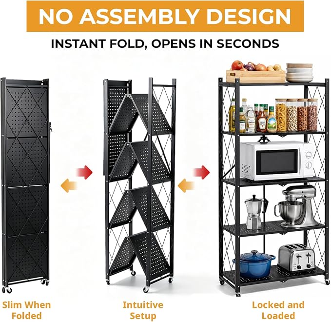 COKIHOM 5 Tier Foldable Storage Shelf with Wheels, Heavy Duty Metal Rolling Shelf Rack, No Assembly Wire Shelving Unit for Kitchen, Books, Living Room, Pantry, Garage, Office, Bedroom, Black - Image 4