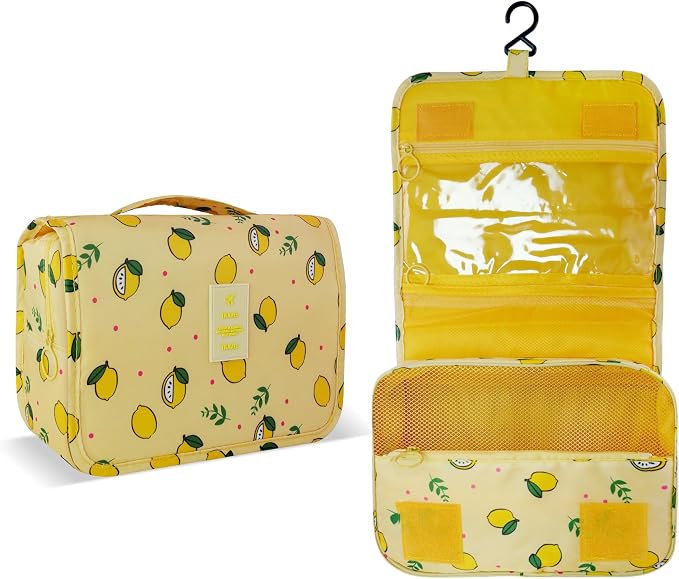 Lcsmaokin Large Capacity Toiletry Bag Travel Bag with Hanging Hook for Men and Women Waterproof Travel Cosmetic Bag Bathroom Storage Bag for Brushes Set,Full-Sized Shampoo,Accessories -Yellow Lemon - Image 2