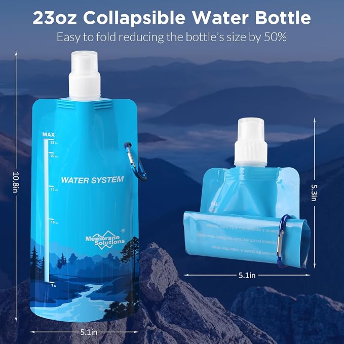 Membrane Solutions Collapsible Water Bottle 23oz with Carabiner | Foldable Pounch Water Filtration System, BPA-Free, Leakproof for Camping Hiking Cycling Yoga Sports Outdoor Essentials - Image 2