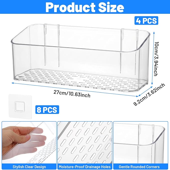 4 Pack Adhesive Cabinet Door Organizer, Bathroom Cabinet Door Organizer Bins for Inside Cabinets Doors Storage, Clear Wall Mounted Caddy for Kitchen Pantry, Bathroom Countertops, 10.63x3.62x3.94 Inch - Image 2