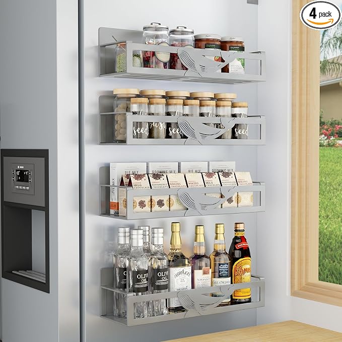 Magnetic Spice Rack for Refrigerator, 4 Pack Metal Magnetic Shelf Organizer for Fridge Side, Strong Spice Storage Rack for Kitchen, Gray by AURIKAR