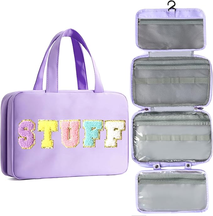 Toiletry Bag for Women Chenille Letter Makeup Bag Water-resistant Cosmetic Bag Travel Bag with Hanging Hook Preppy for Store Toiletries Cosmetic Accessories Medium Purple by Unknown