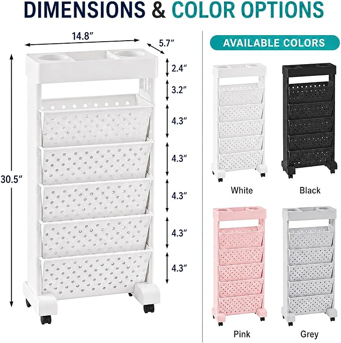 BYFU 6-Tier Rolling Bookshelf Cart, White | Movable with Wheels, File Paper Storage Organizer, For Home Office Study Classroom - Image 3