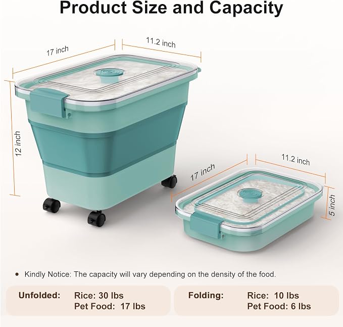Rice Storage Container, Collapsible Airtight Food Storage Containers 20-30lbs with Clear Lid and Wheels, Rice Dispenser with Scoop for Flour Cereal Pasta Grain, Cat Pet Bird Dog Food Storage Container - Image 2