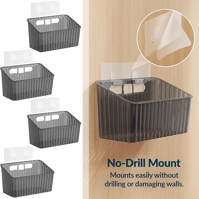 NiHome 4-Pack Cabinet Door Organizer, Adhesive RV Camper Wall Storage Caddy | No-Drill Plastic Bin With Drain Holes For Kitchen Bathroom Pantry Organization, Space Saving Small Item Holder, Medium, Gray - Image 5