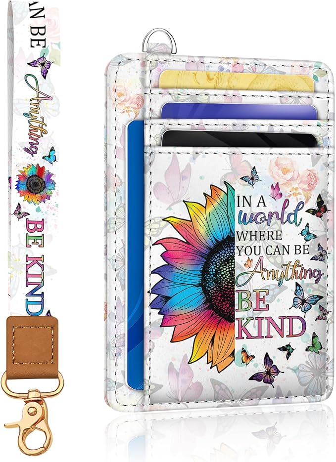 Yonlevres Be Kind Credit Card Holder Slim RFID Wallet Women Wristlet Small | Front Pocket, Handy, RFID Blocking, Woman Girls Ladies Gifts, D-ring for Keychain,Thin Mini Card Case, ID Window, PU Leather by Yonlevres